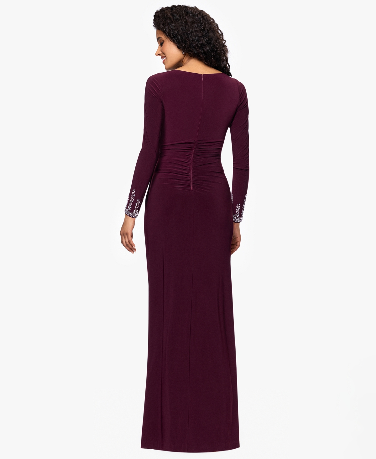 Betsy & Adam Petite Beaded Dress With Long Sleeves In Burgundy
