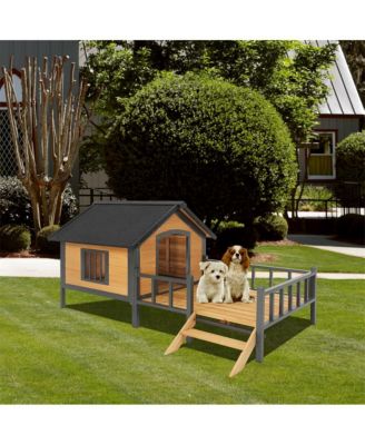 67 in. Wooden Dog House Dog Kennel with All-Around Iron Frame and Porch in Natural
