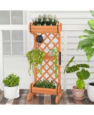 2-Tier Raised Planter Garden Wooden Bed w/ 2 Cylindrical Planter Boxes