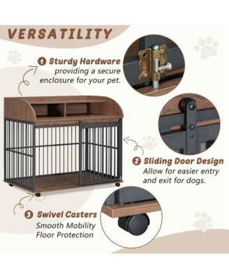 44'' Brown Heavy Duty Large Dog Crate Furniture Lockable Wheels Double Layer Storage