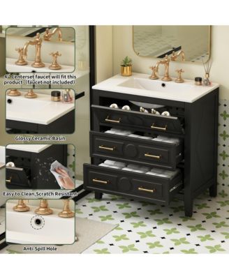 30" Freestanding Vanity With Ceramic Sink Combo and 3 Drawers, Solid Wood Frame