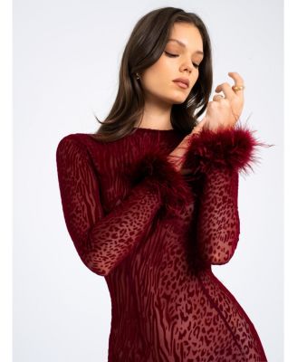 Women's Patricia Burgundy Leopard Burnout Velvet Mesh Backless Maxi Dress