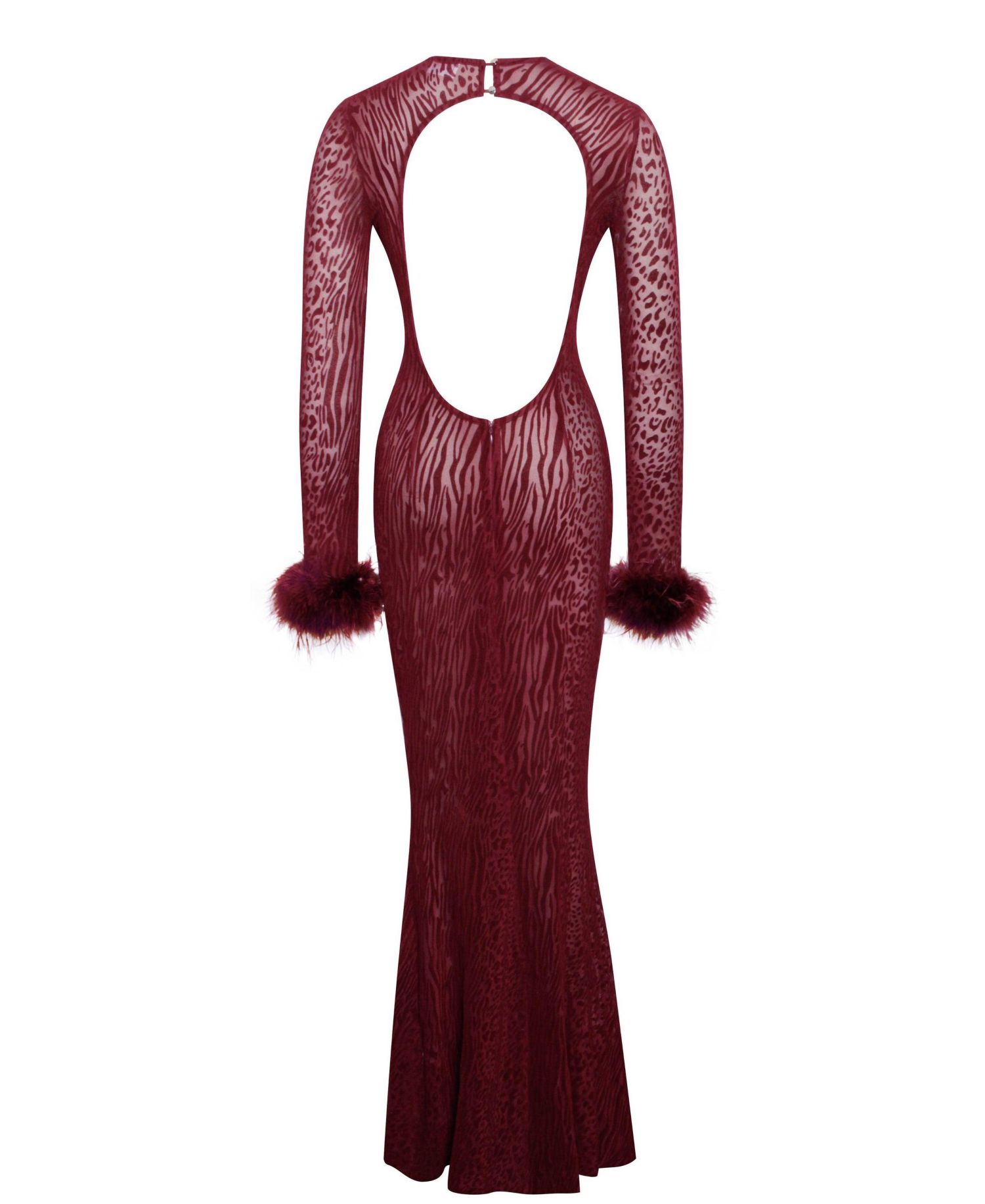 Women's Patricia Burgundy Leopard Burnout Velvet Mesh Backless Maxi Dress