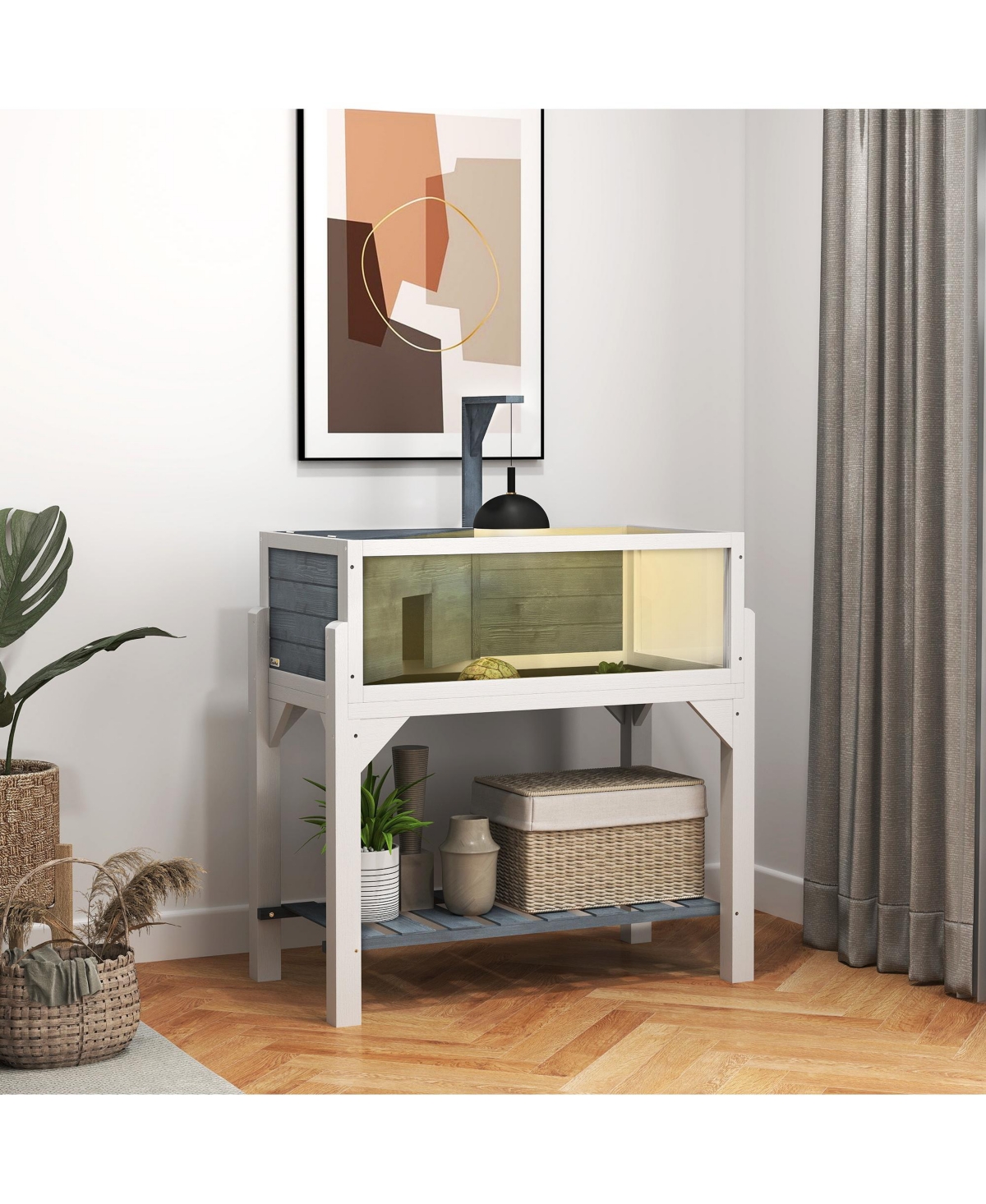PawHut Tortoise Habitat with Storage Shelf, Wooden Enclosure,