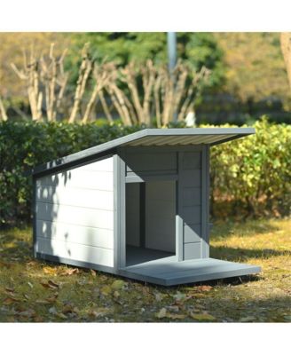 44.1 in. Outdoor Wooden Dog house with Food bowl, 4 swivel wheels in Gray