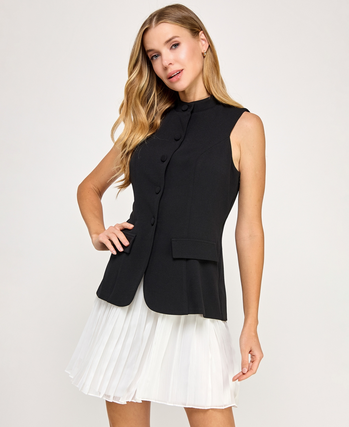 Seni & Cade Juniors' Sleeveless Chiffon Vest Dress In Blue
