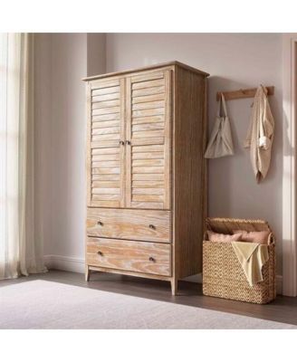 Farmhouse Louvered Armoire in Distressed Driftwood Finish, Solid Pine Wood