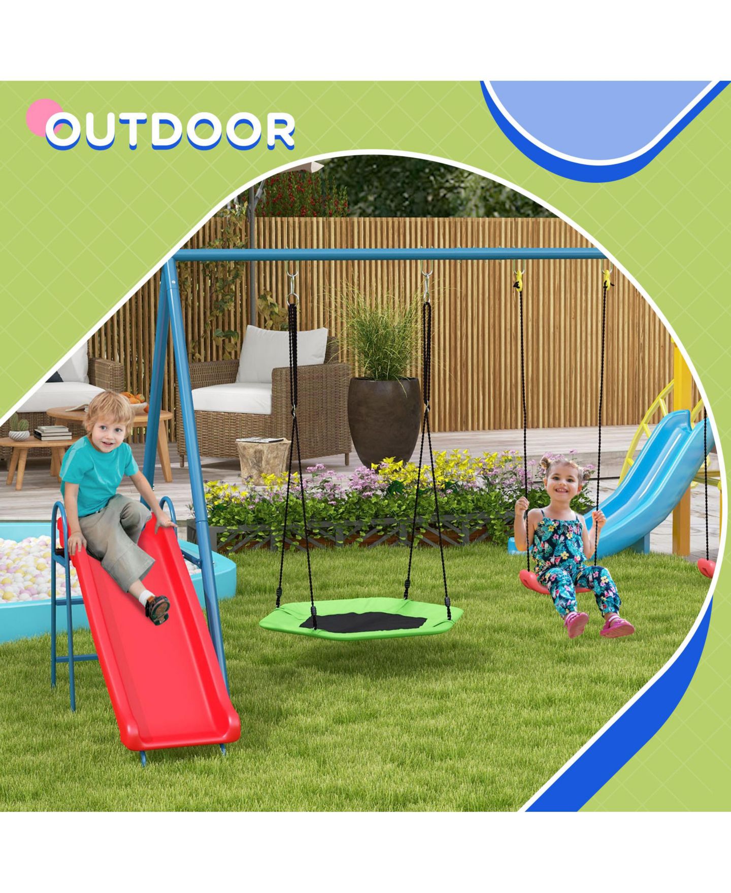 Детские игрушки Outsunny 3 in 1 Metal Swing Set with Nest Swing, Slide & Swing Seats, Holds Up to 352 lbs., Ages 3-10, цвет: Красный — фото 7