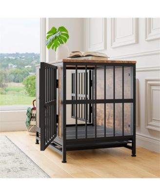 27.48'' Rustic Brown Wooden Dog Crate Table Sliding Doors Thick Iron Frame Indoor