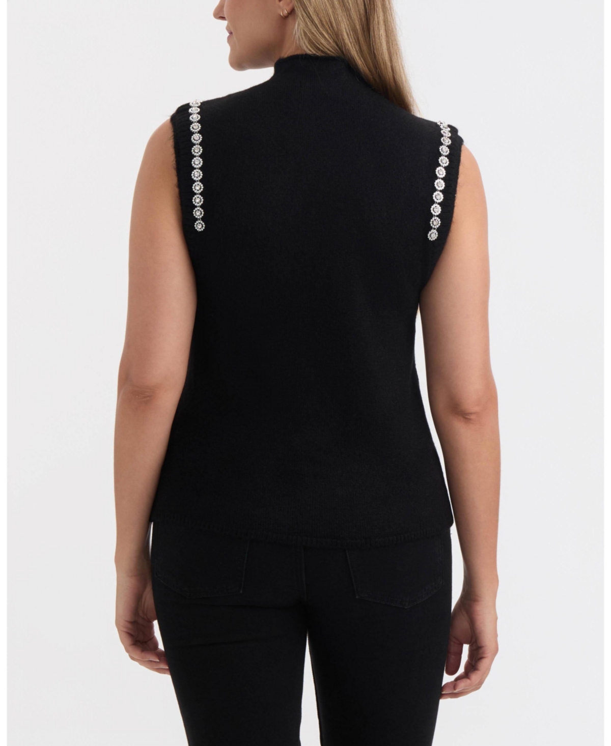 Ellen Tracy Women's Sleeveless Sweater Vest With Rhinestone Trim In Black