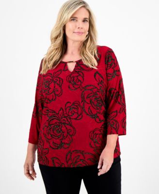 JM Collection - Plus Size Metallic Jacquard 3/4-Sleeve Top