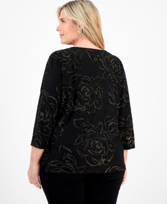 Plus Size Metallic Jacquard 3/4-Sleeve Top