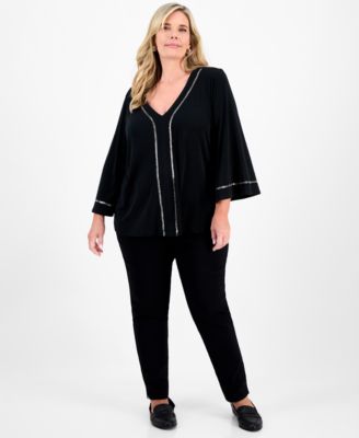 Plus Size Embellished V-Neck 3/4-Sleeve Top, Macy's Exclusive