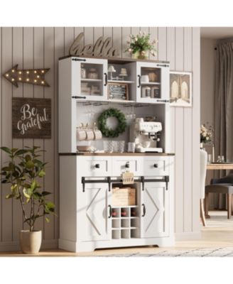 72" Pure White Farmhouse Bar Cabinet with Sliding Barn Door, Kitchen Buffet with Hutch, 3 Drawers, Wine & Glasses Rack