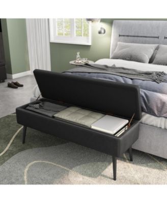 Storage Ottoman Bench, Mid-Century Modern Synthetic Leather, Black, Safety Hinges, Loads 680 lbs, Entryway & Bedroom