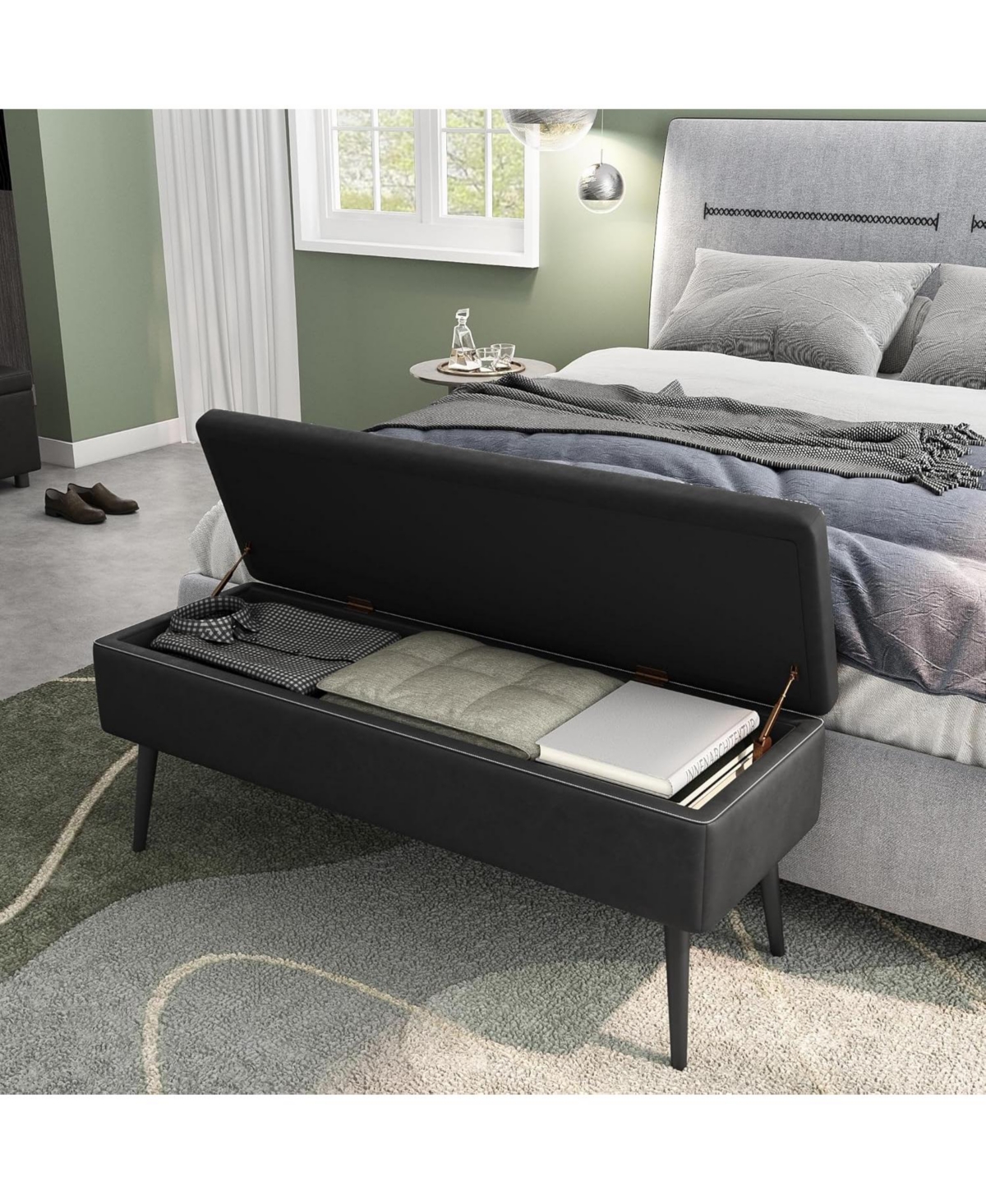 gaomon Storage Ottoman Bench, Mid-Century Modern Synthetic Leather, Black, Safety Hinges, Loads 680 lbs, Entryway & Bedroom