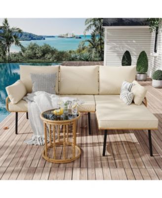 3-Pieces Outdoor Wicker Patio Conversation Set with Sofa, Coffee Table & Cushions, Sectional Couch for Balcony, Backyard, Deck