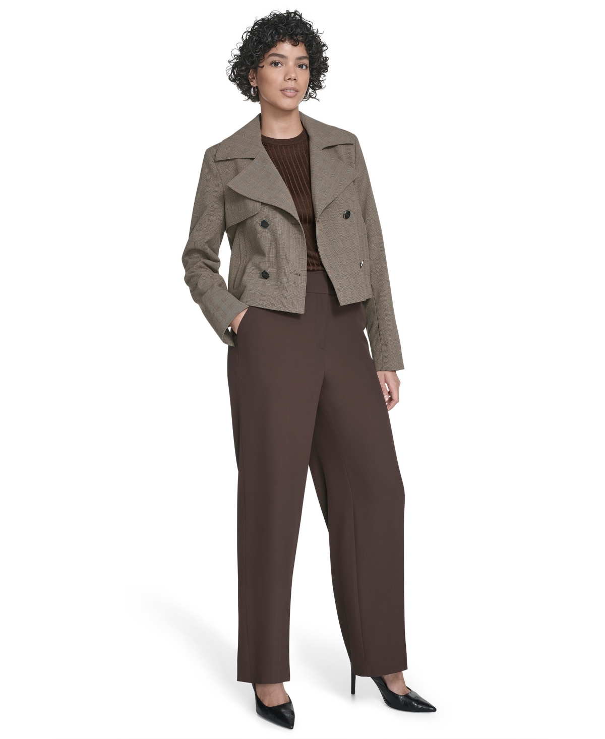 Calvin Klein Petite Novelty Cropped Double Breasted Trench Jacket In Gray