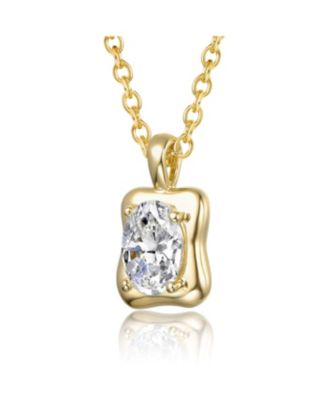 Sterling Silver 14K Gold Plated with Clear Cubic Zirconia Wavey Square Pendant Necklace