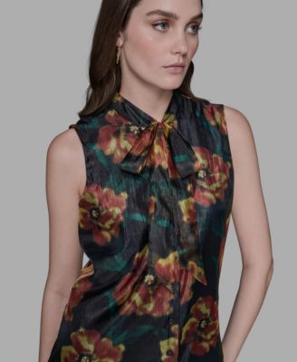 Women's Floral-Print Tie-Neck Blouse