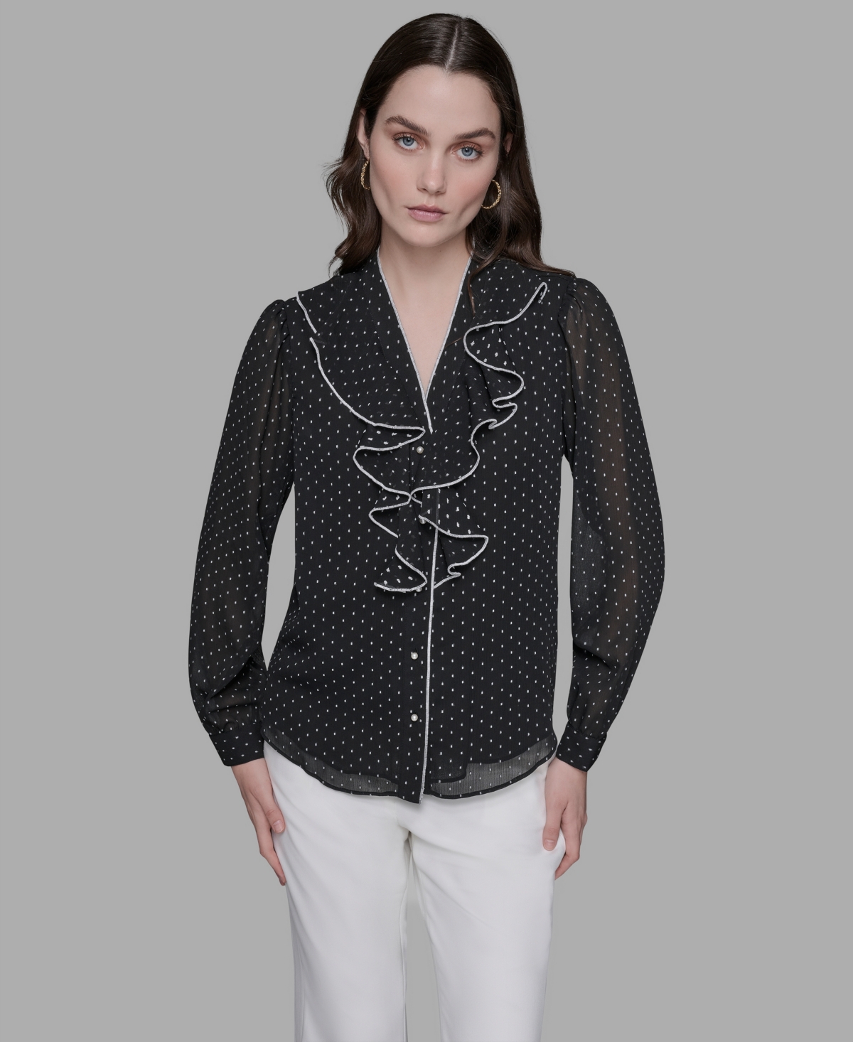 Karl Lagerfeld Women's Clip-dot Ruffled Blouse In Multi