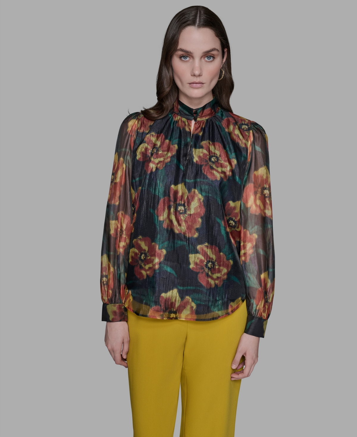Karl Lagerfeld Women's Floral-print Mock-neck Blouse