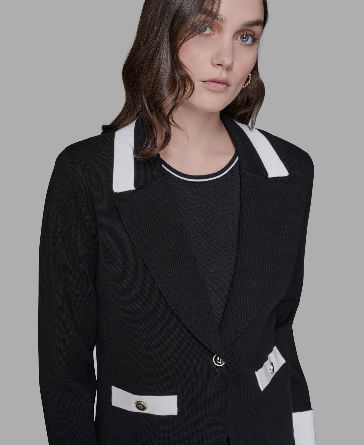 Karl Lagerfeld Womens Cotton Colorblocked Pencil Skirt Embellished Pleated Top Cotton One Button Knit Blazer In Black