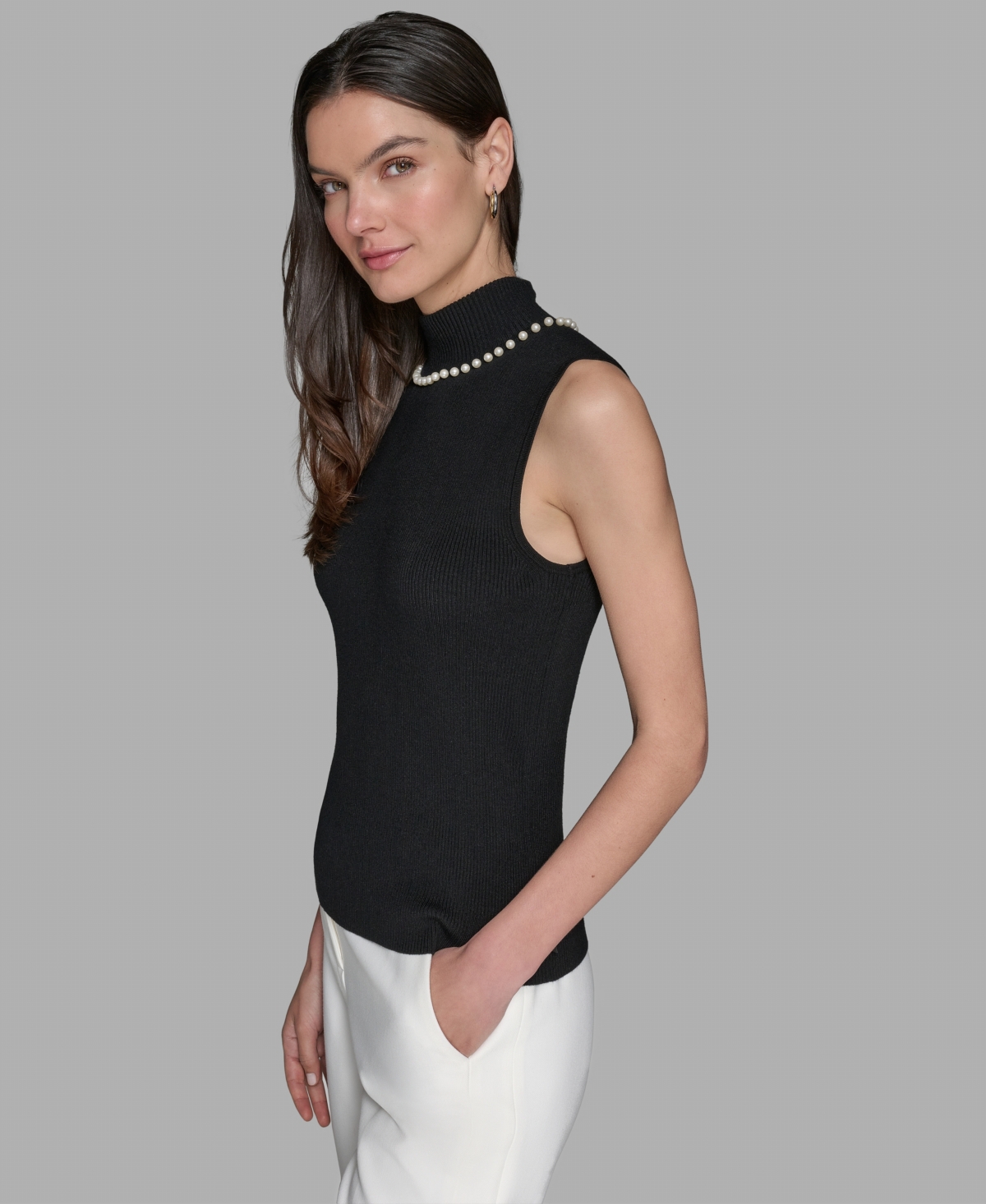 Karl Lagerfeld Women's Bead-embellished Sleeveless Mock-neck Top In Black
