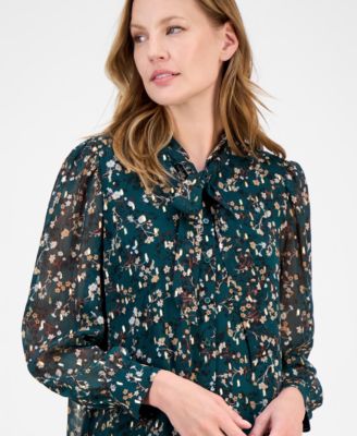Women's Floral Print Blouson-Sleeve Shirtdress