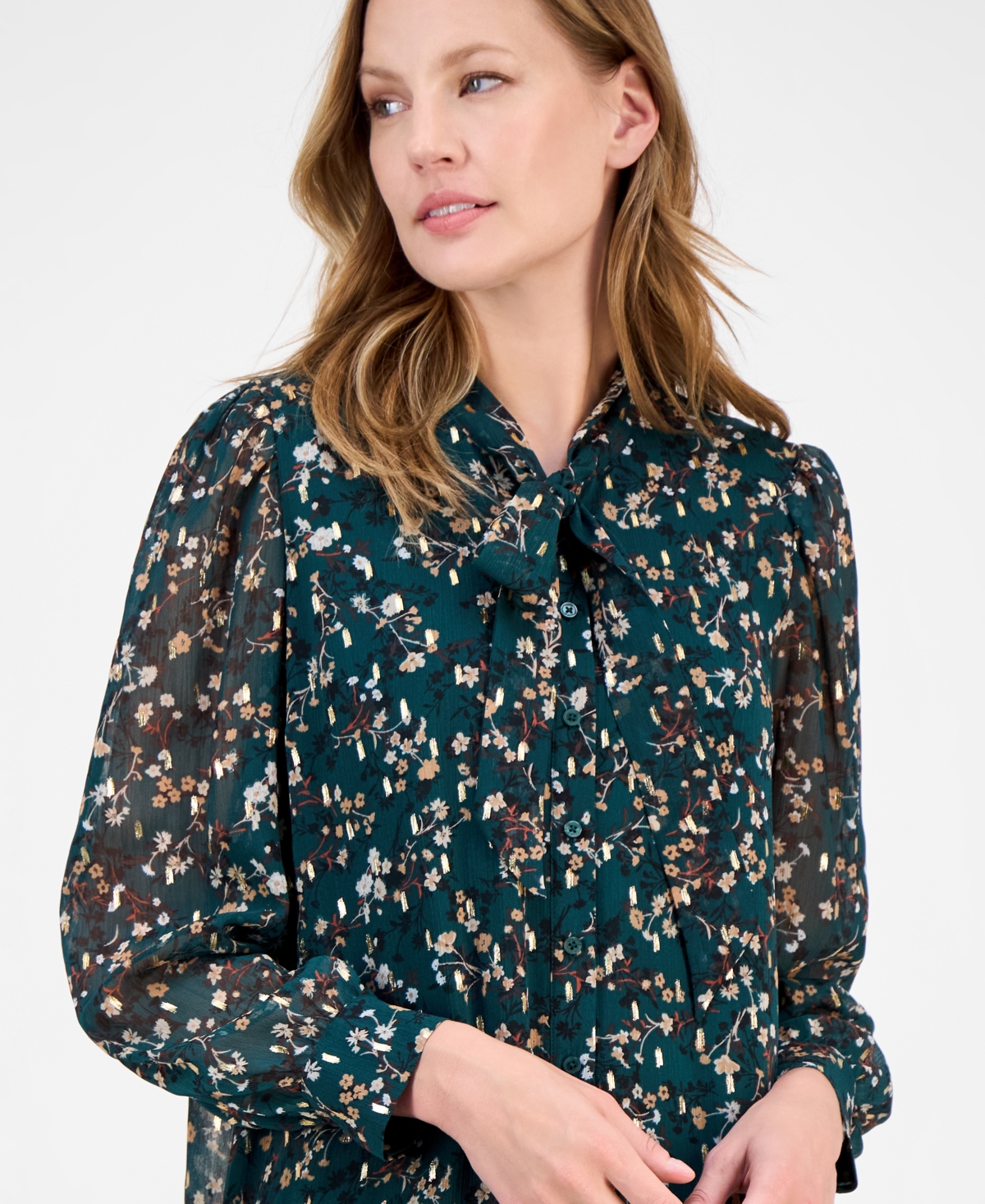 Anne Klein Women's Floral Print Blouson-Sleeve Shirtdress
