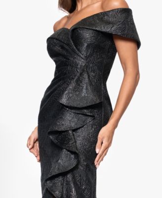 Women's Brocade Off-The-Shoulder Ruffled Long Dress