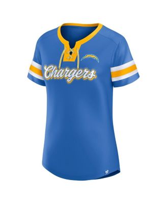 Women's Powder Blue Los Angeles Chargers True Catch Iconic Rhinestone Bling Athena Lace-Up T-Shirt