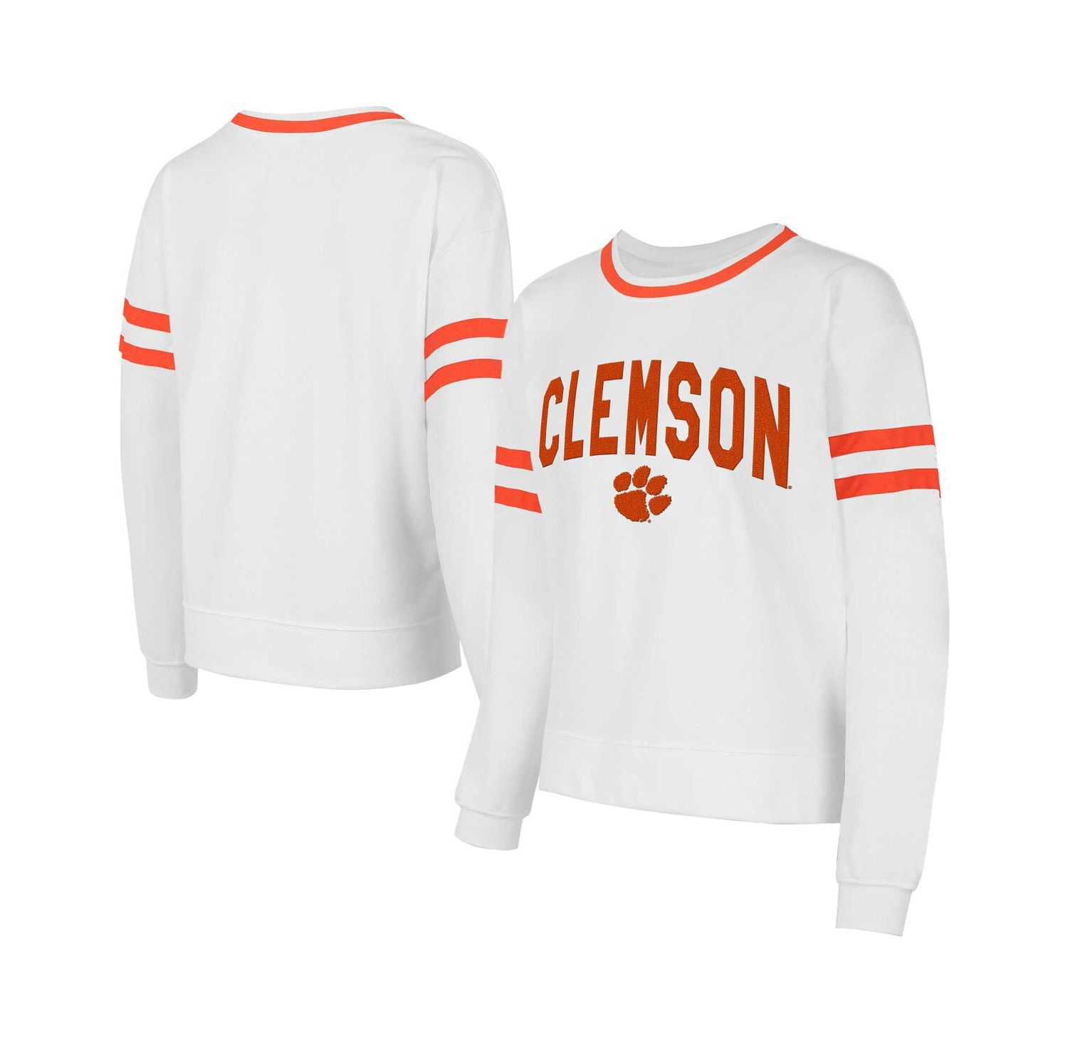 Women's White Clemson Tigers Borough French Terry Arch Over Long Sleeve Top