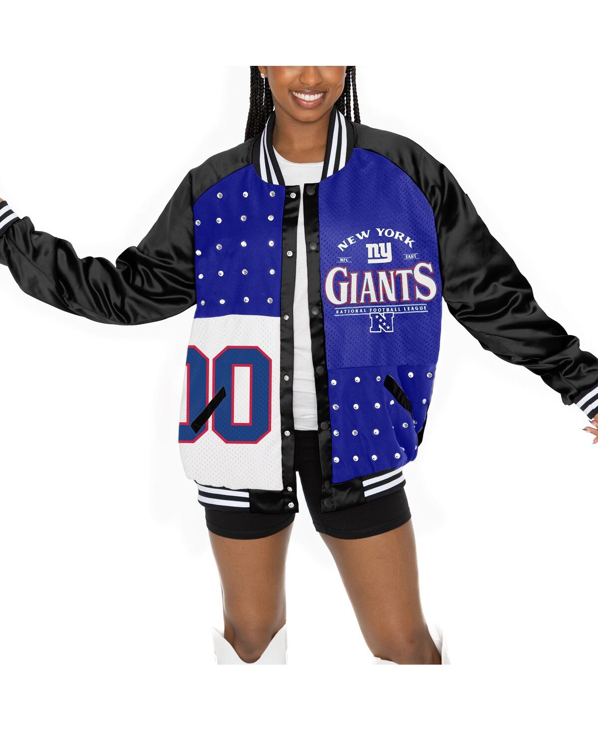 Gameday Couture Women's Black/royal New York Giants Oversized Hot Shot Rhinestone Throwback Full-snap Varsity Bomber In Multi