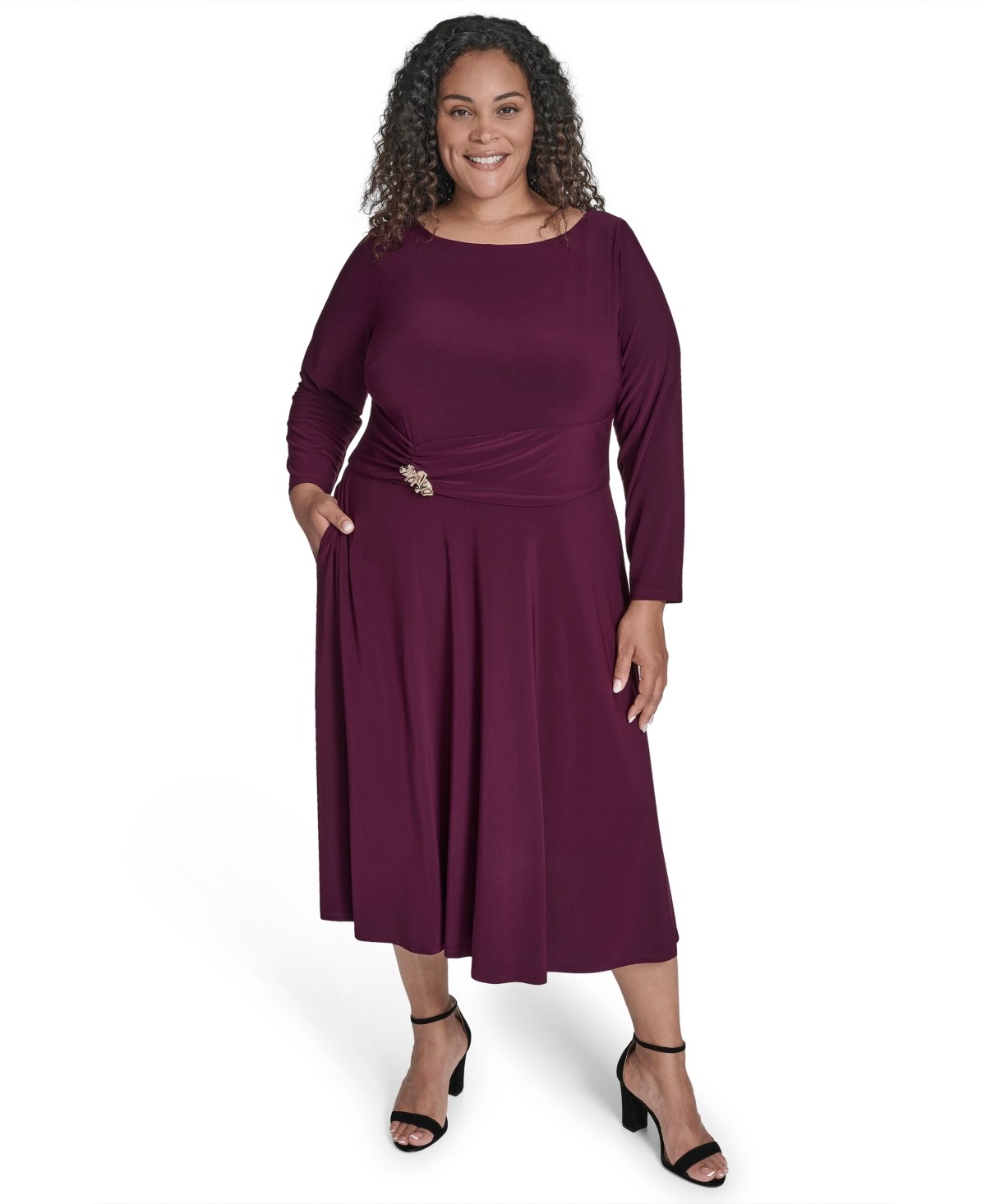 Jessica Howard Plus Size Boat Neck Asymmetric Side Ruched Midi Dress In Purple