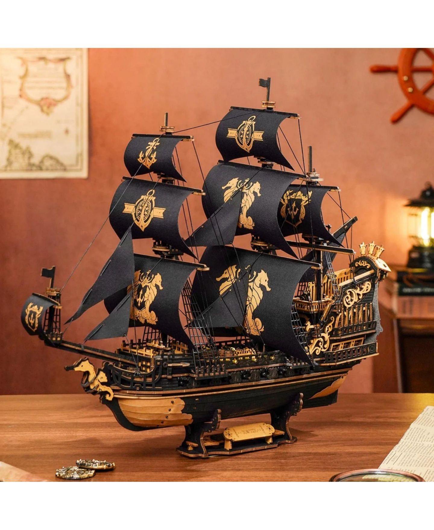 Детские конструкторы Robotime 3D Wooden Pirate Ship Seahorse Barque 603-Piece Puzzle, Ages 14+ — фото 2