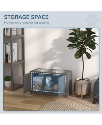 44in-L Gray Elevated Dog Bowls Storage Cabinet Raised Dog Bowl Stand Feeding Station