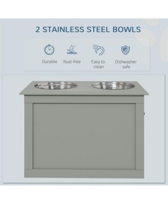 Gray Raised Pet Feeding Station Storage with 2 Stainless Steel Bowls for Large Dogs