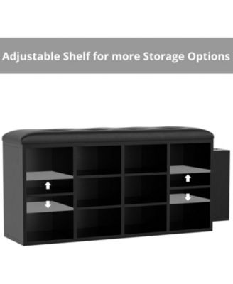 Shoe Bench, Ten Cubbies Storage Entryway Bench with PU Leather, Black