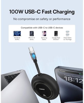 USB C Cable, 100W 2-Pack 6.6ft Retractable USBC to USBC Fast Charging Cable, 7-Stage Length Preset Retractable Type C Cord