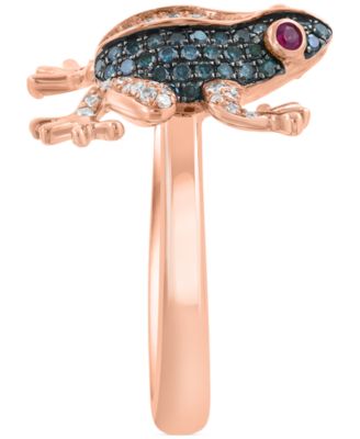 EFFY&reg; Blue & White Diamond (1/2 ct. t.w.) & Ruby (1/20 ct. t.w.) Frog Ring in 14k Rose Gold