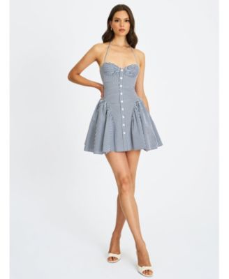 Women Melody Navy Blue Railroad Stripe Halter Drop Waist Mini Dress