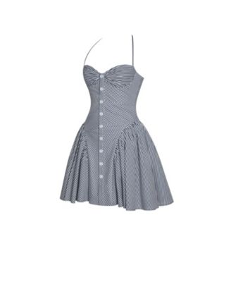 Women Melody Navy Blue Railroad Stripe Halter Drop Waist Mini Dress