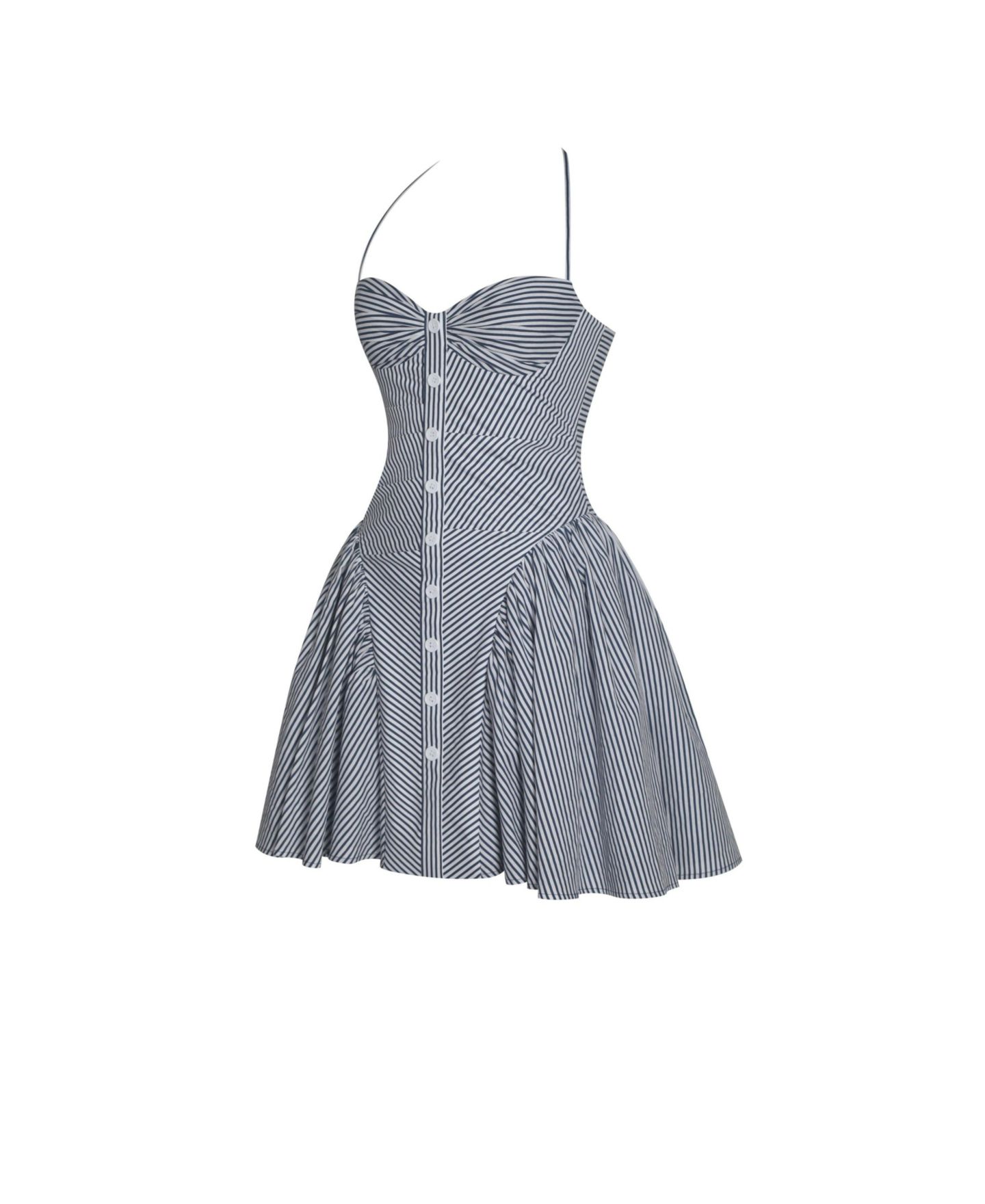 Женское платье Miss Circle Women Melody Navy Blue Railroad Stripe Halter Drop Waist Mini, цвет: Тёмно-синий белый полосатый — фото 11