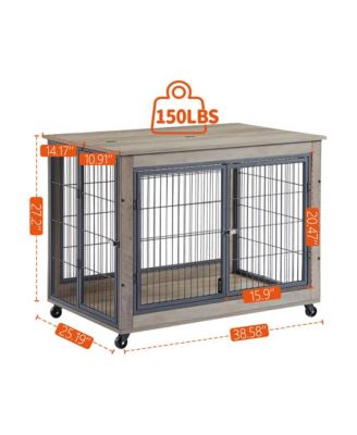 Grey Dog Crate Side Table with Wheels Double Doors and Lift Top