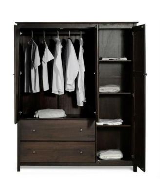 Wood Finish Bedroom Wardrobe Armoire Cabinet with Shelves and Hanging Rod