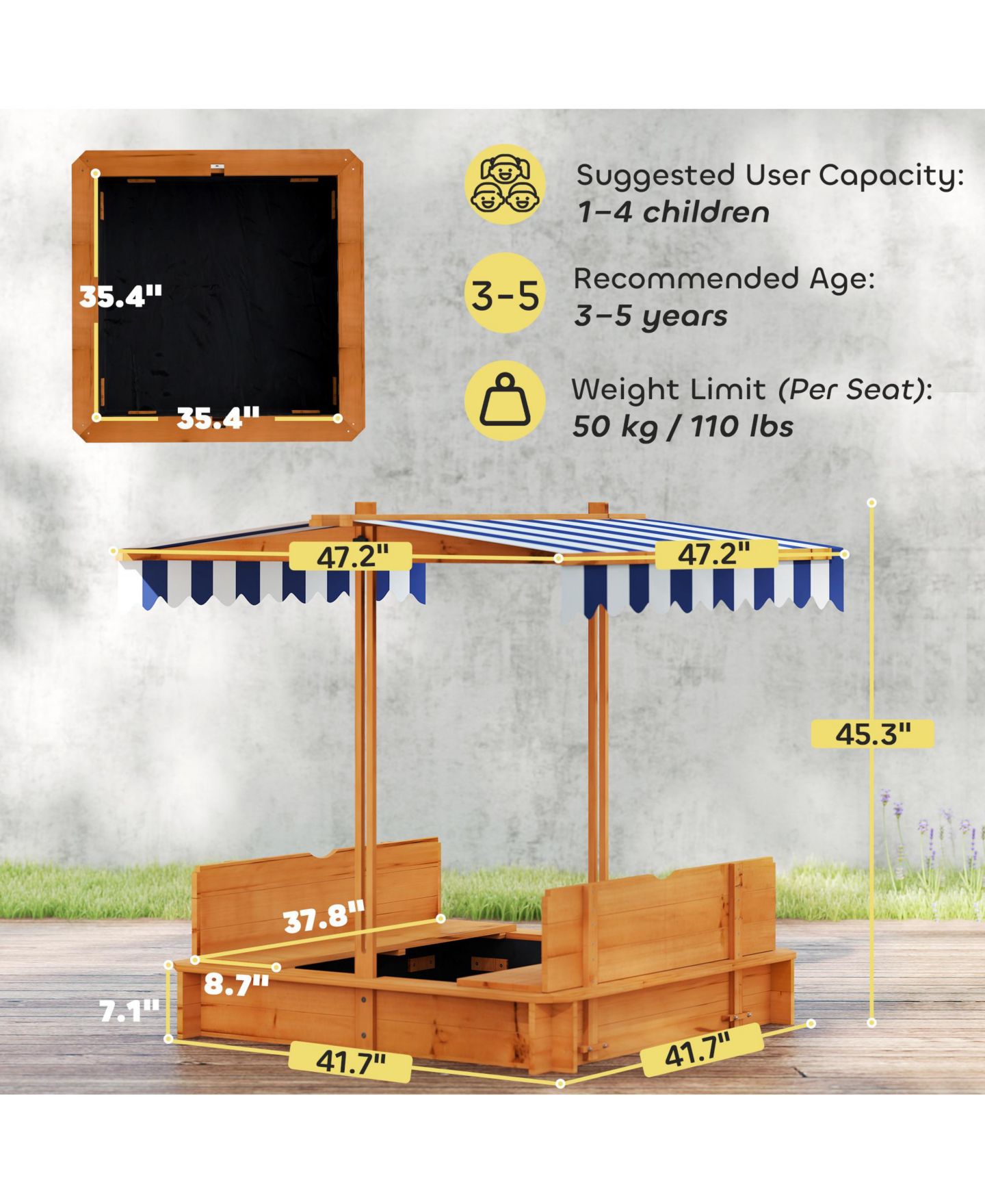 Детская игрушка Outsunny Cove Wooden Sandbox with Adjustable Canopy & Lid, Ages 3-7, цвет: Коричневый — фото 3