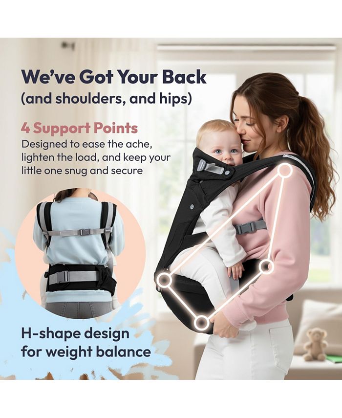 BabbleRoo Kids Carrier 6 in 1 Carrier with Hip Seat, Comfy & Adjustable Kangaroo Rose - Black