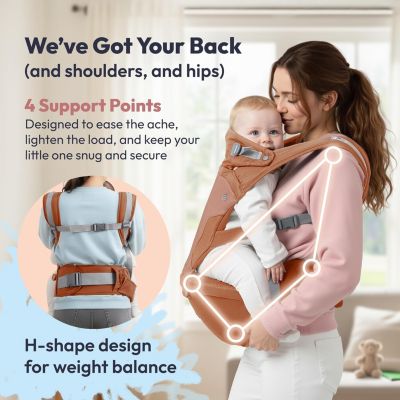 Kids 6-in-1 Carrier with Hip Seat and Lumbar Support, Ergonomic & Adjustable for Newborn to with Sunshade, Black
