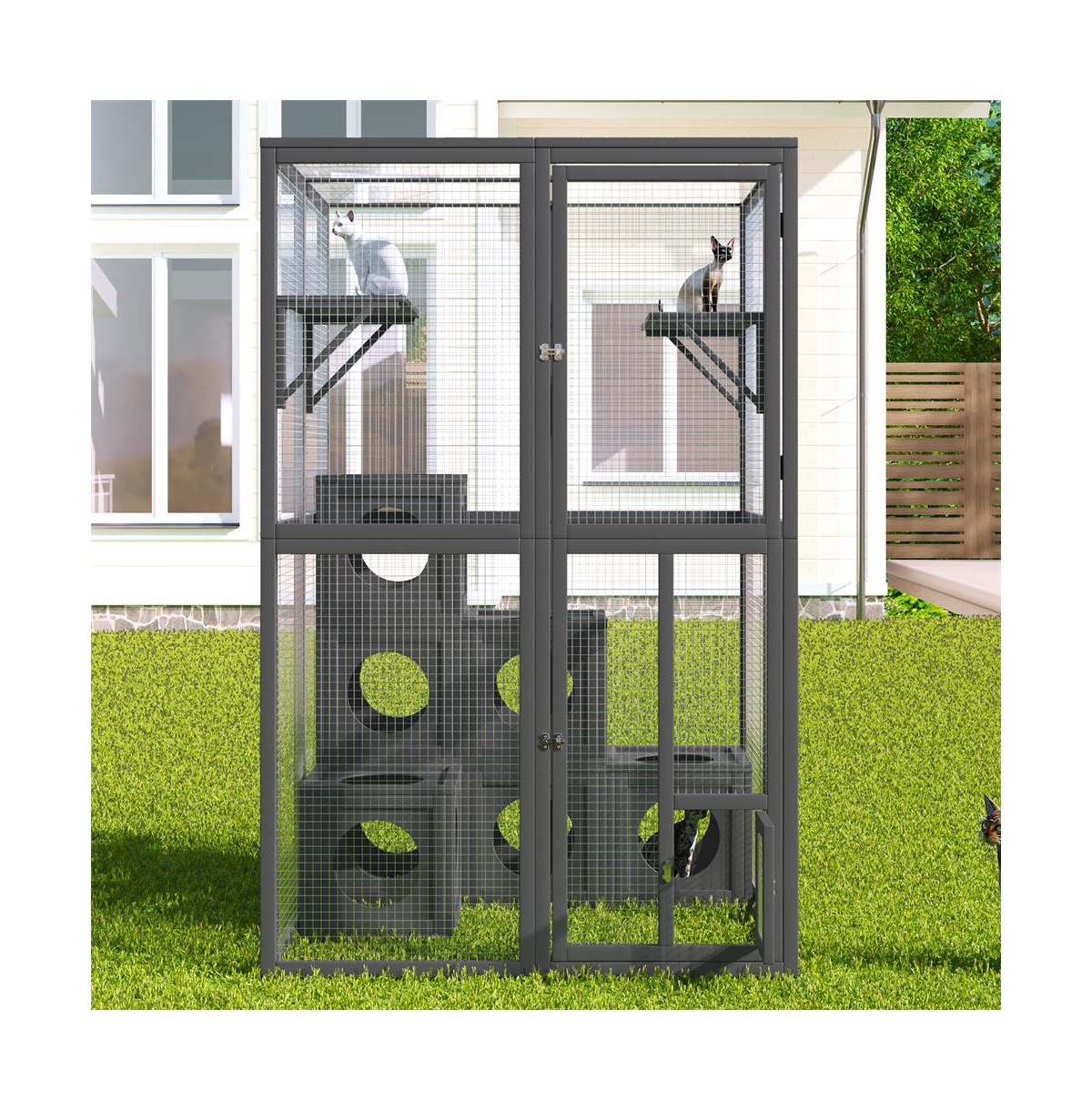 Aostirmotor 68.9 in. H Outdoor Cat house Cat shelves with Removable wood boxes in Gray